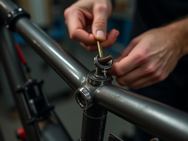 Close up of a skilled artisan's hands assembling a durable e-bike frame joint