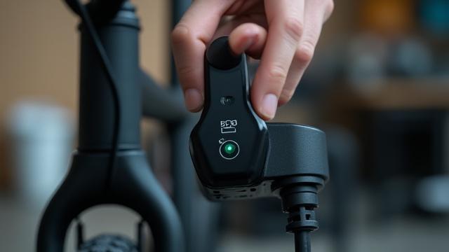 Close-up of an e-bike battery being connected to a charger.