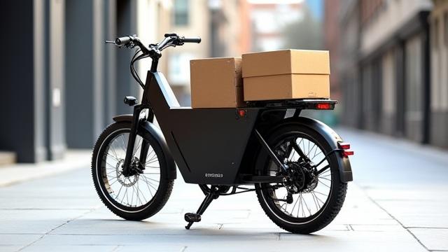 Electric cargo bike loaded with packages, demonstrating carrying capacity.