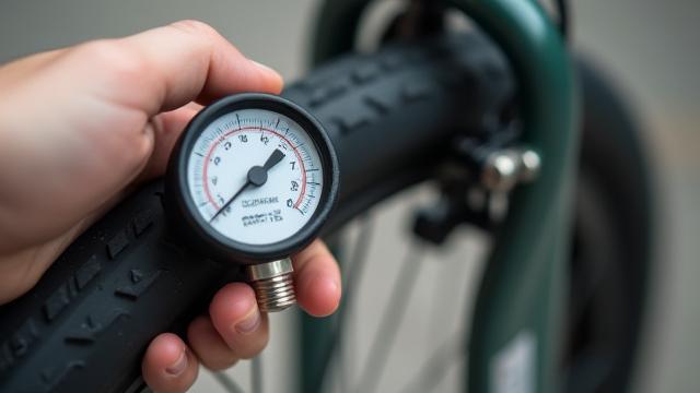 Close-up of a hand checking electric bike tire pressure with a gauge.